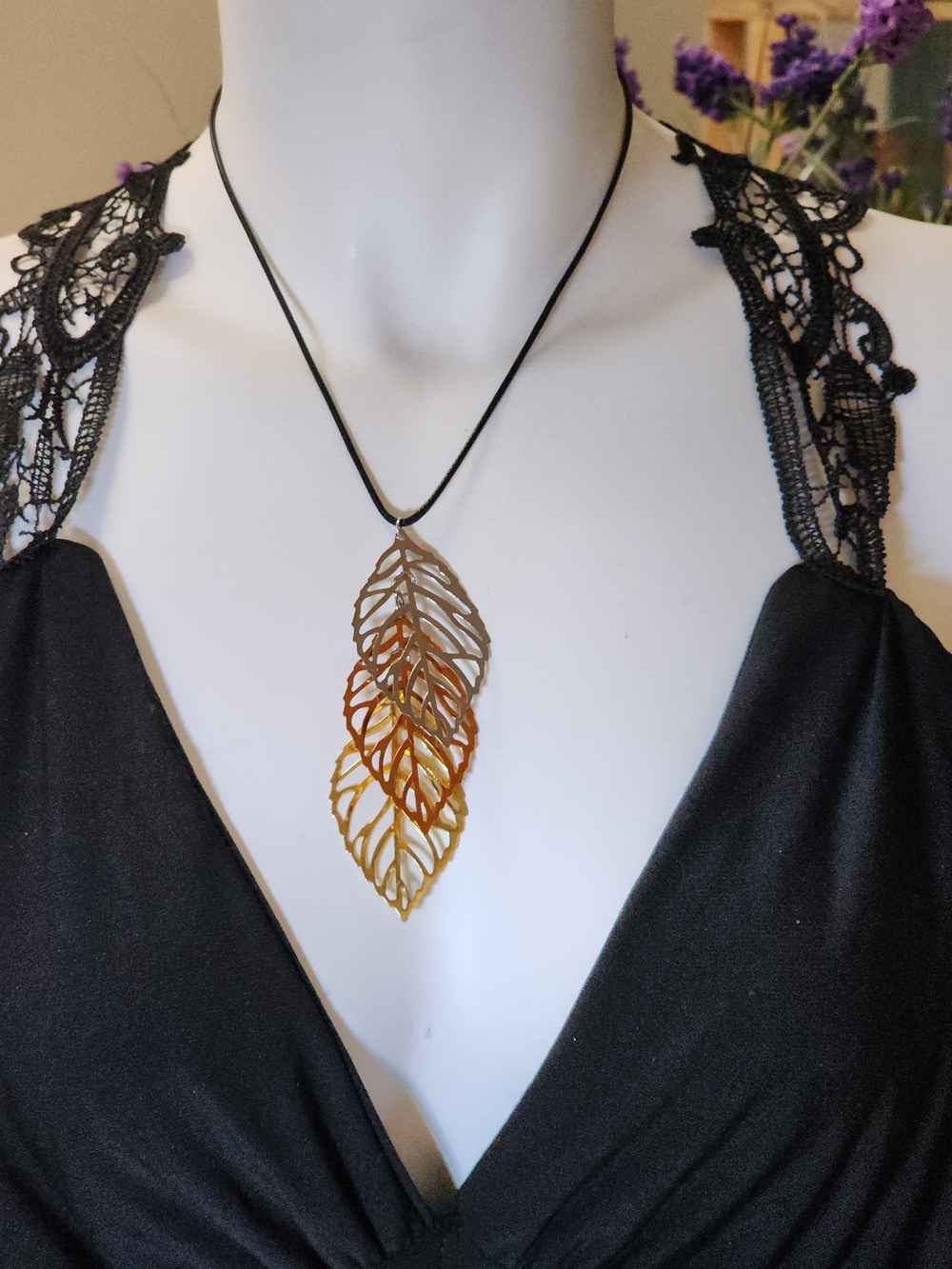 Leaf Layered Pendant Necklace - Black Cord, Multicolor Leaves